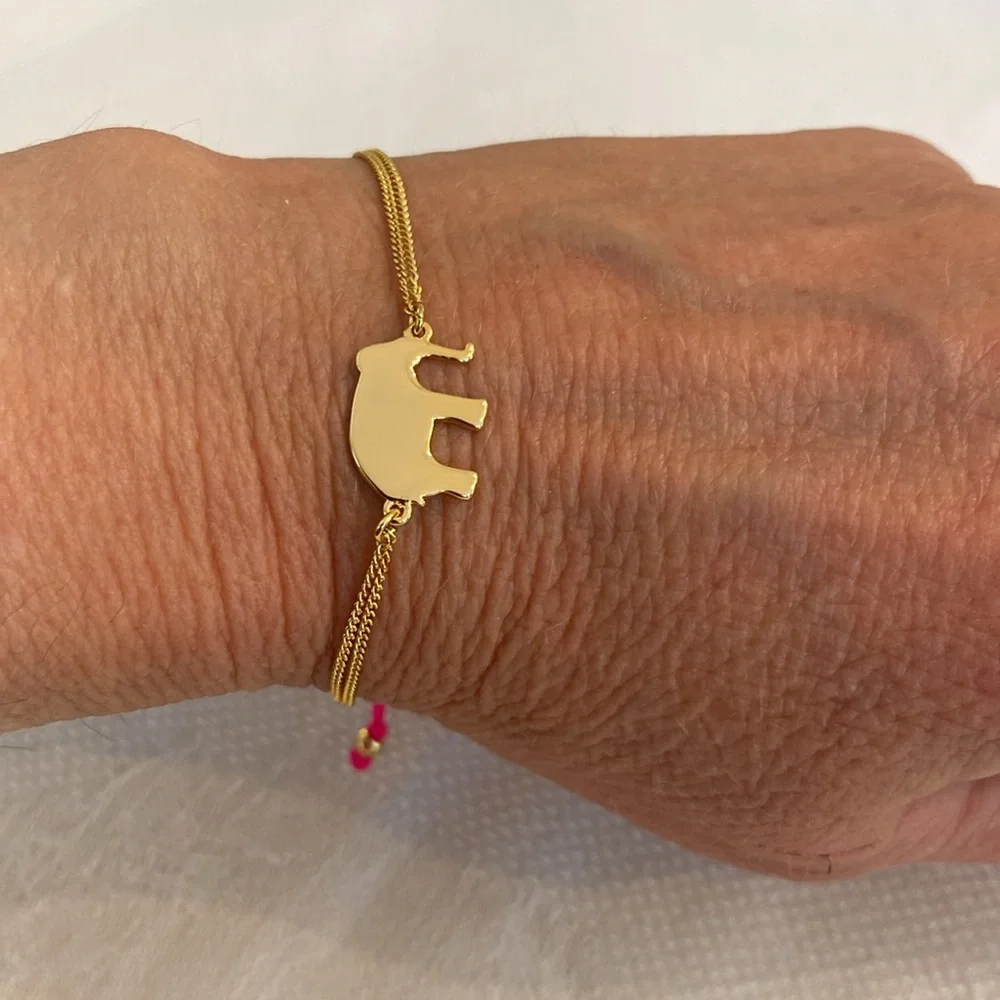 Stella&Dot Gold Pink Elephant Charm Adjustable Pulley Chain Wishing Bracelet
